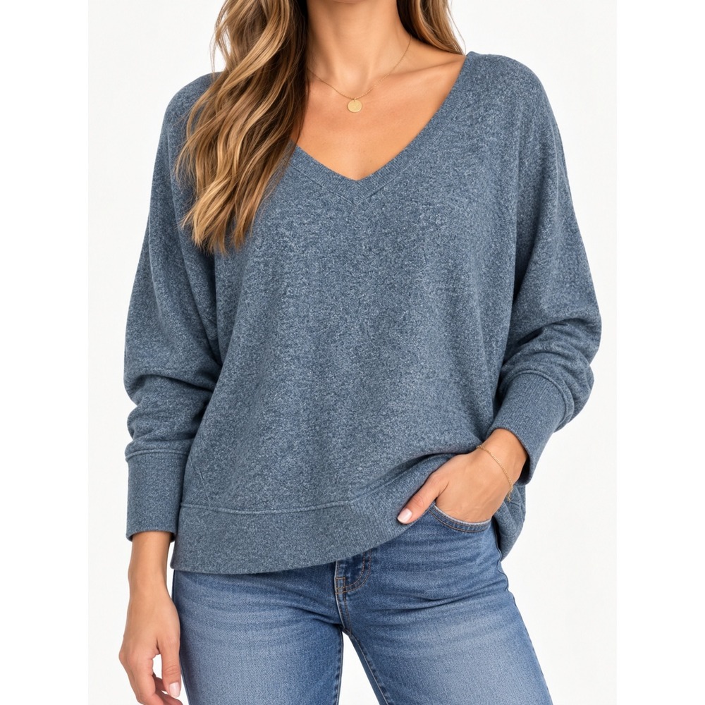 Lucky Brand Grey V-Neck Oversized Knit Sweater Heathered Charcoal Pullover L